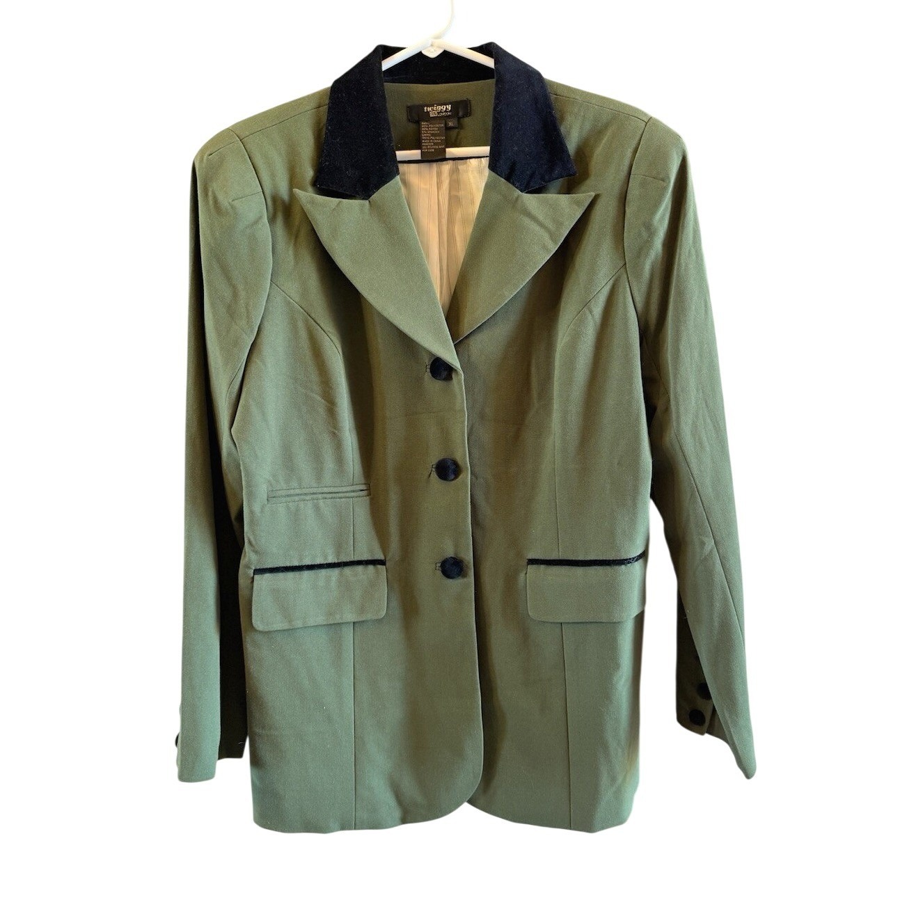 Twiggy London Blazer Xl Green And Black Velvet Detail Jacket Women's Euc